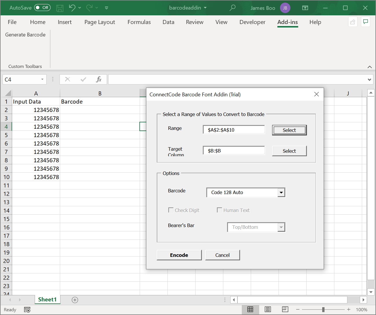 adding code 128 font excel