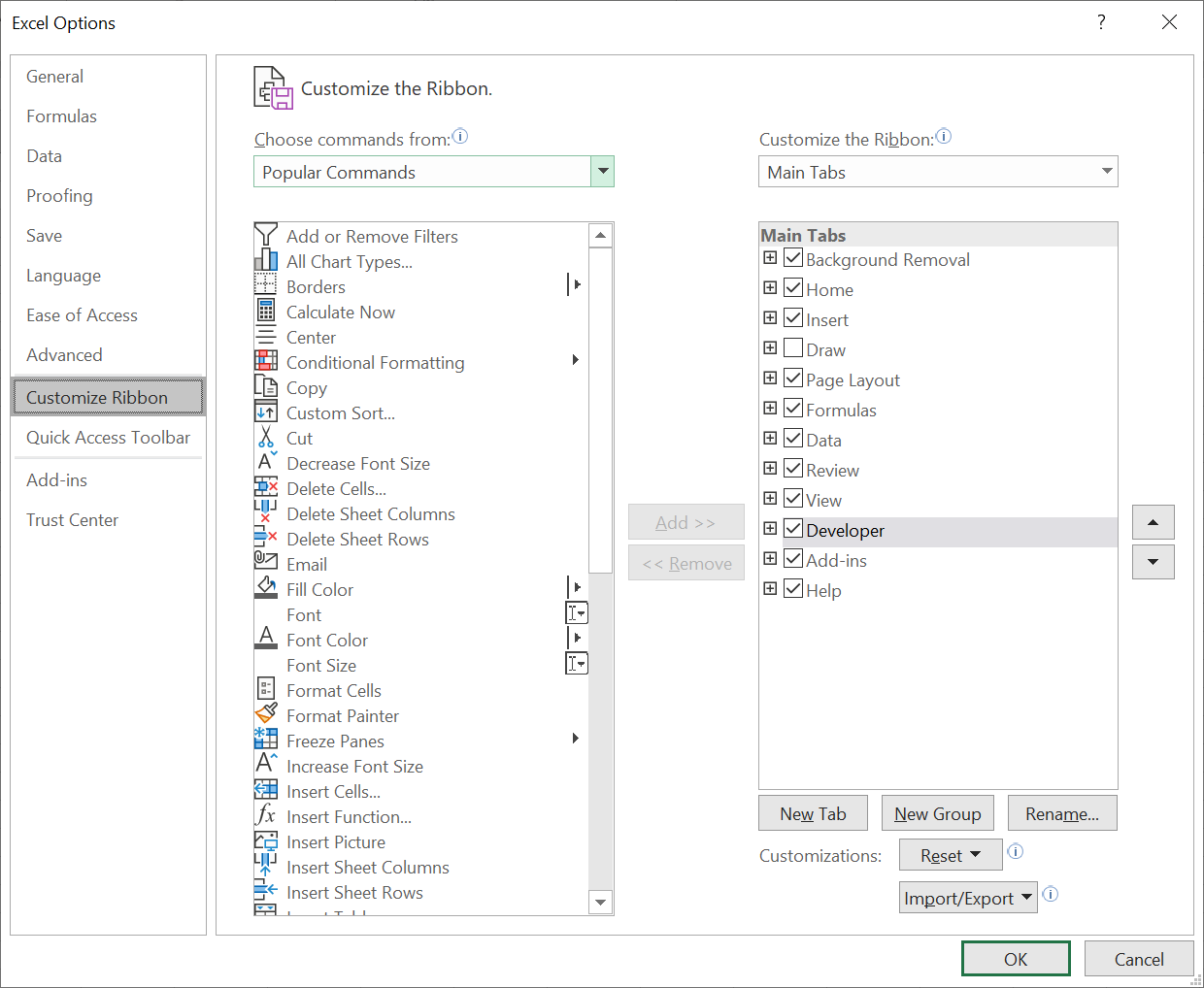 add developer tab in excel 2010