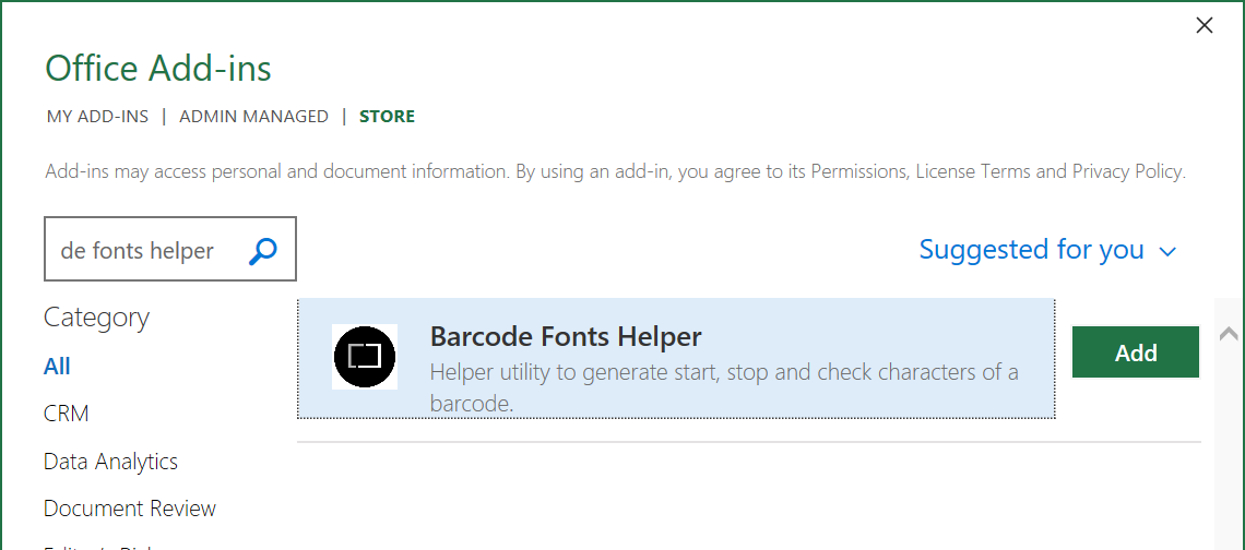 Office Barcode Add In for Excel